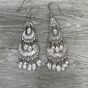 Vintage Ornate 925 Sterling Silver Turkish Turkey Chandelier Drop Earrings